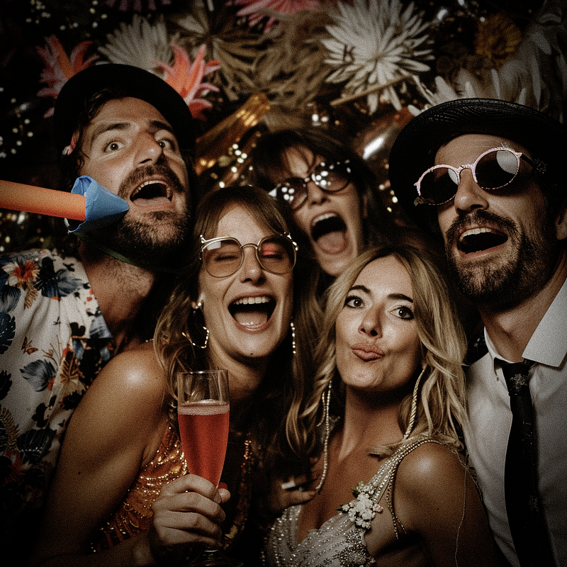 Friends laughing with photo booth props at a birthday party